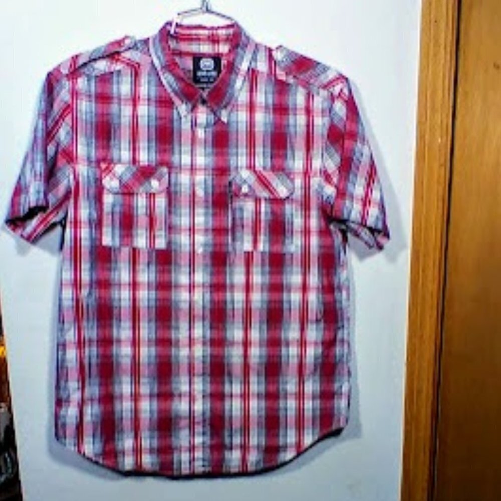 Ecko Unltd Unlimited Red Plaid Button Down Shirt Short Sleeve Boys Large